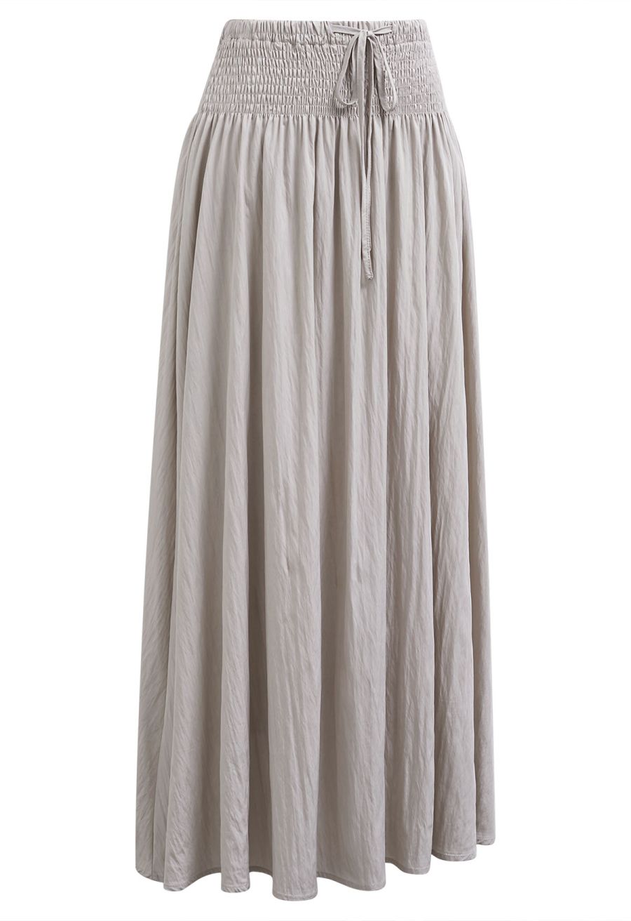 Self-Tie Shirred Waist Crinkle Skirt in Taupe
