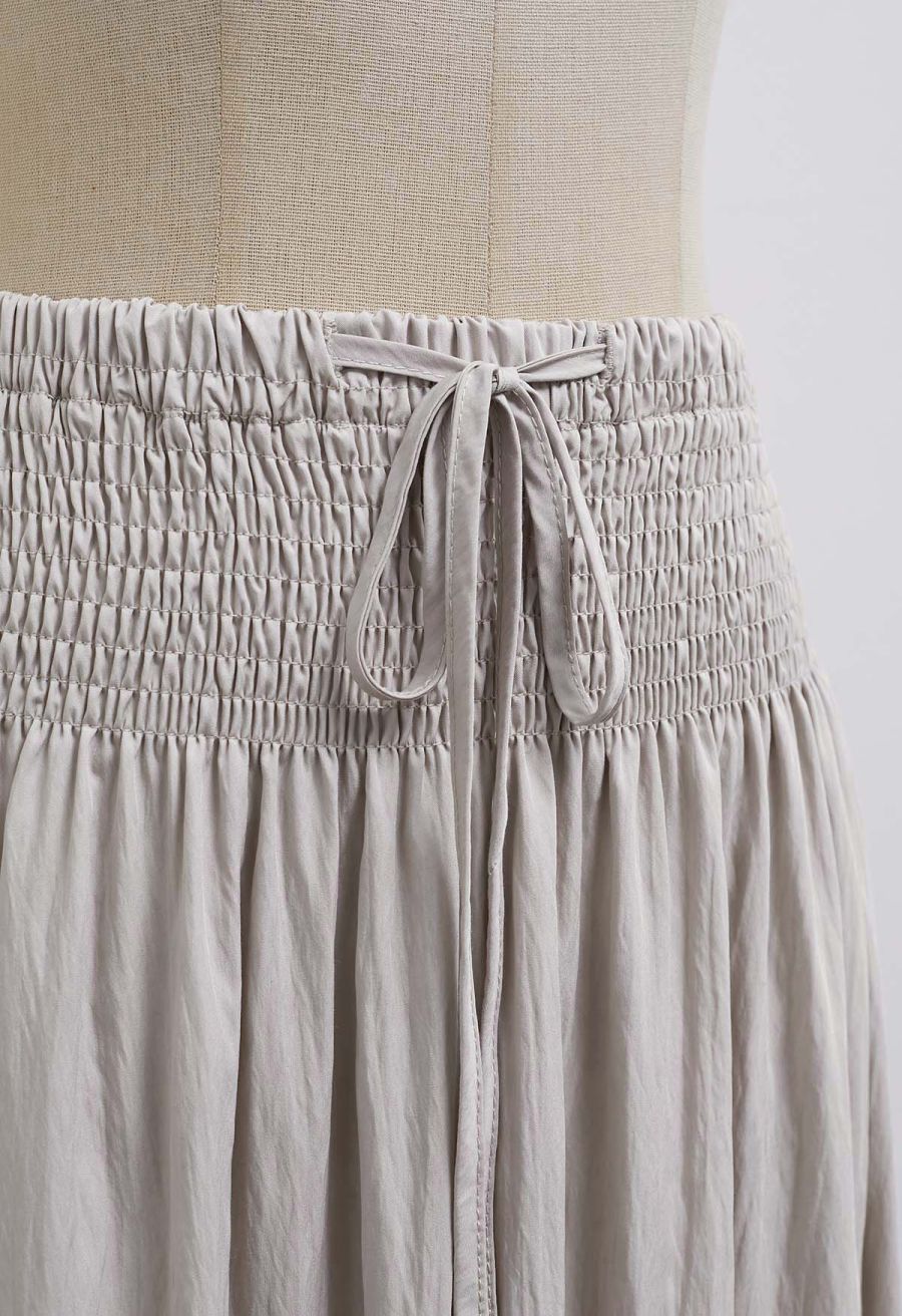 Self-Tie Shirred Waist Crinkle Skirt in Taupe