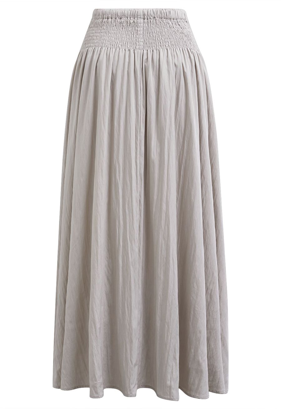 Self-Tie Shirred Waist Crinkle Skirt in Taupe