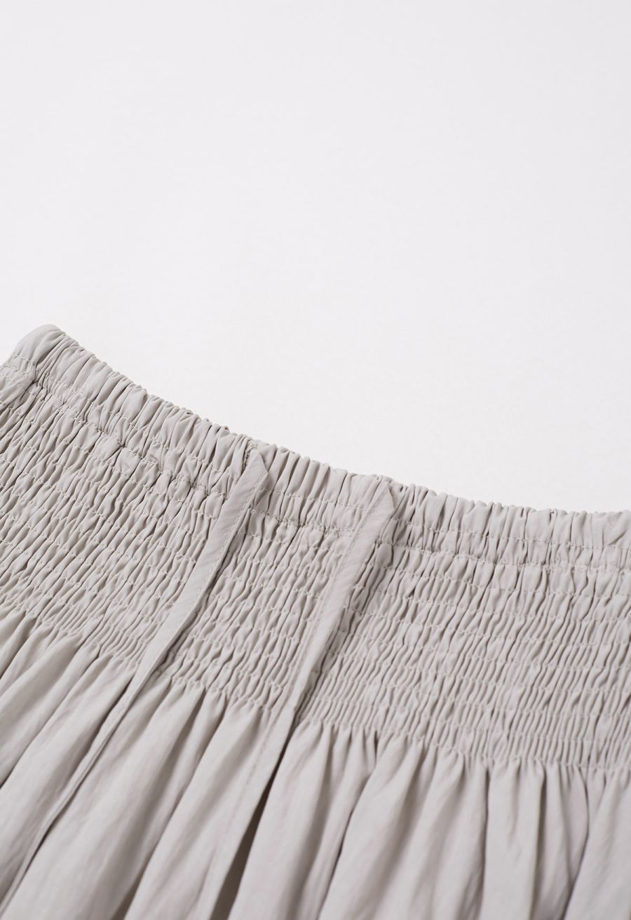 Self-Tie Shirred Waist Crinkle Skirt in Taupe