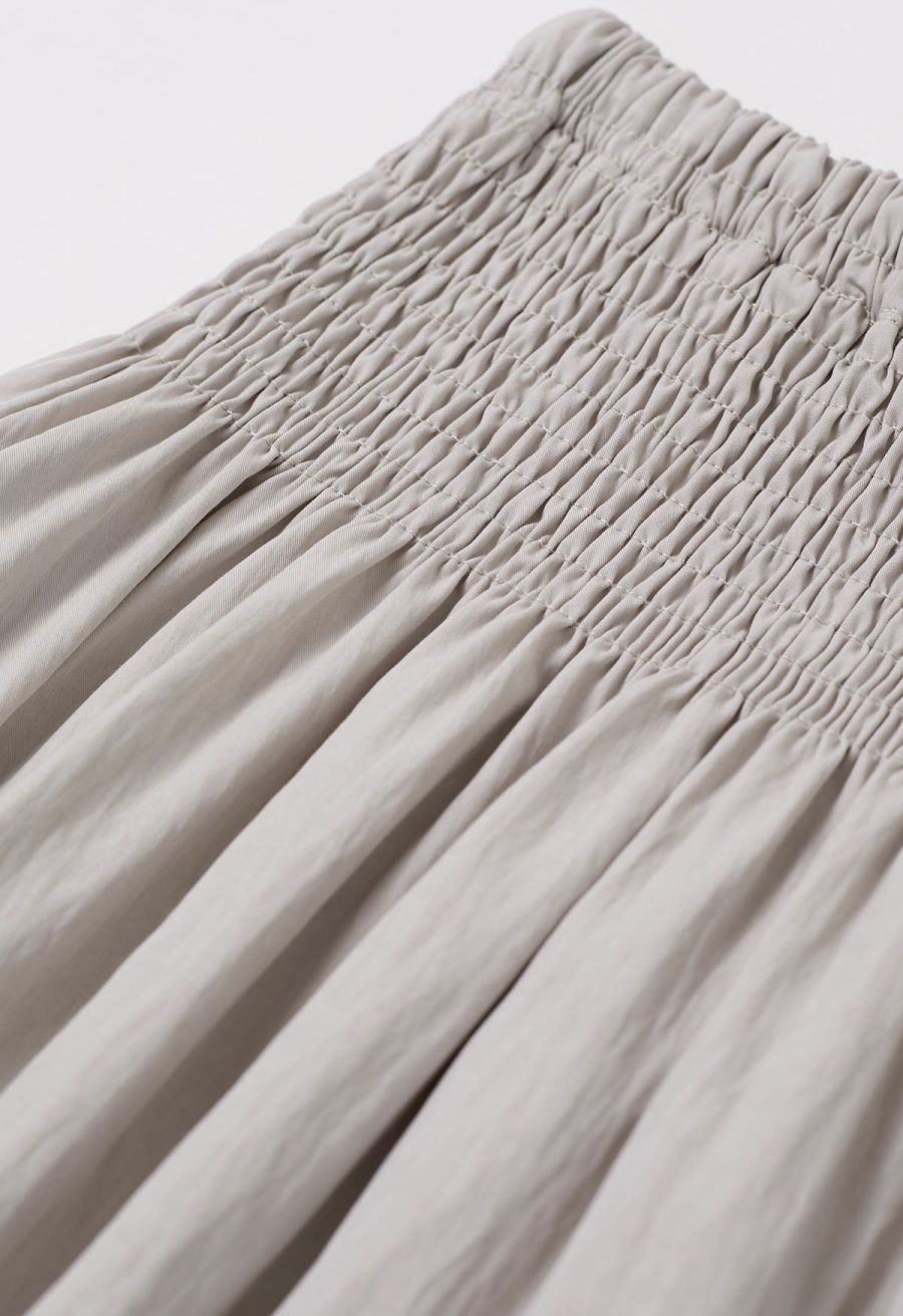 Self-Tie Shirred Waist Crinkle Skirt in Taupe