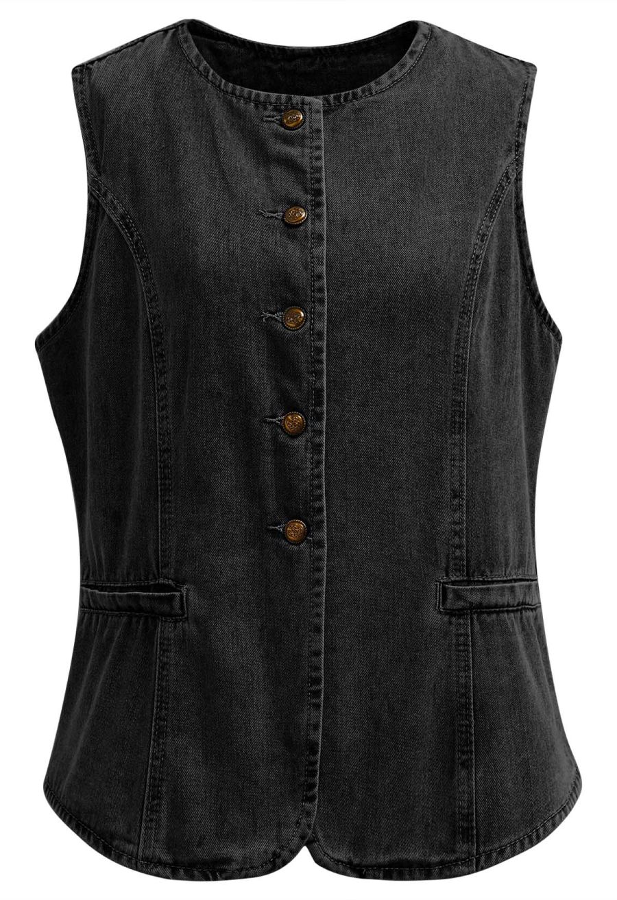 Fake Welt Pocket Button-Up Denim Vest in Black