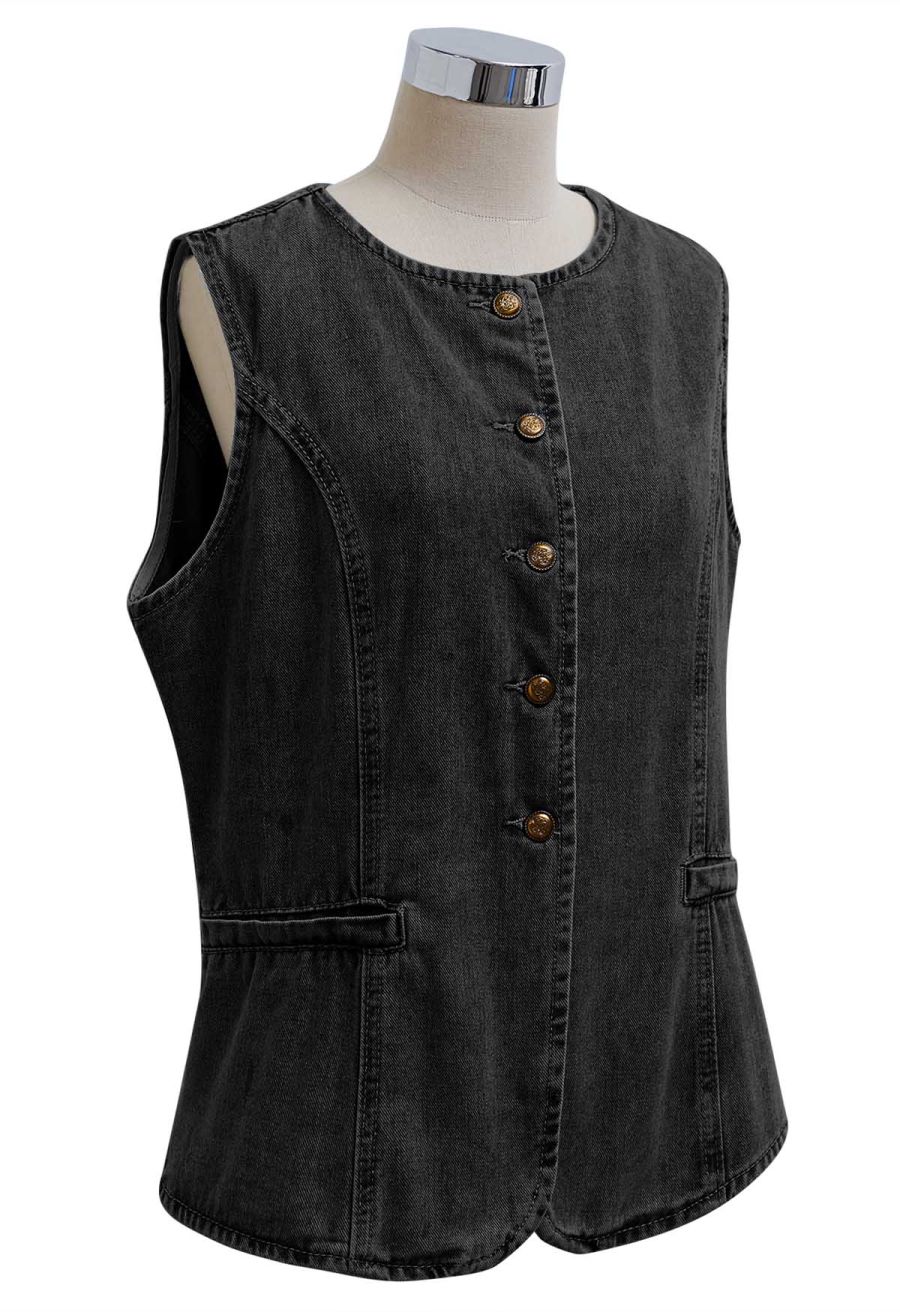 Fake Welt Pocket Button-Up Denim Vest in Black