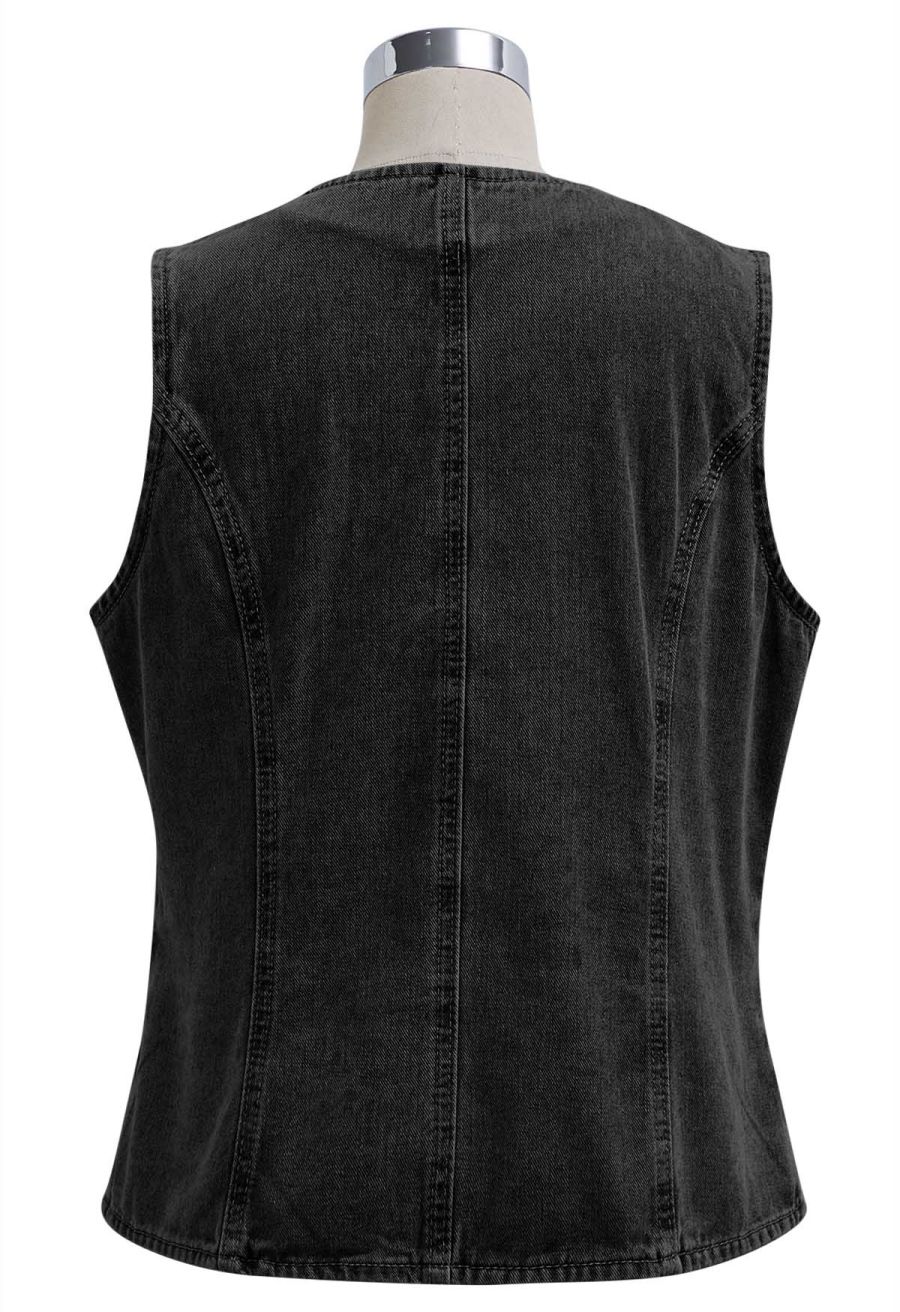 Fake Welt Pocket Button-Up Denim Vest in Black
