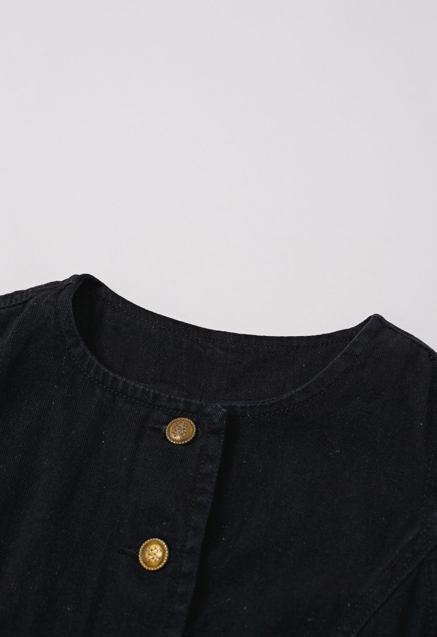 Fake Welt Pocket Button-Up Denim Vest in Black