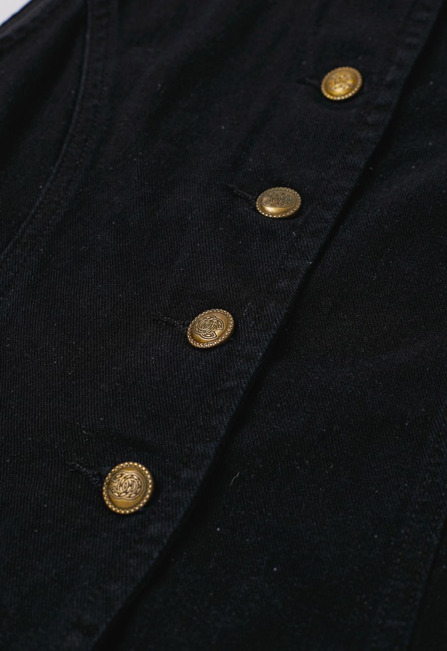 Fake Welt Pocket Button-Up Denim Vest in Black