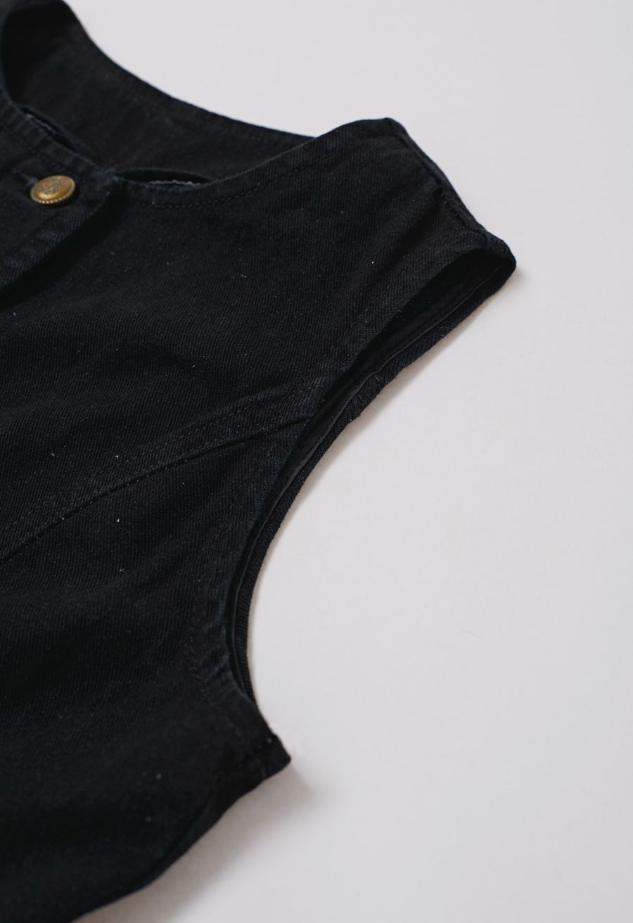 Fake Welt Pocket Button-Up Denim Vest in Black