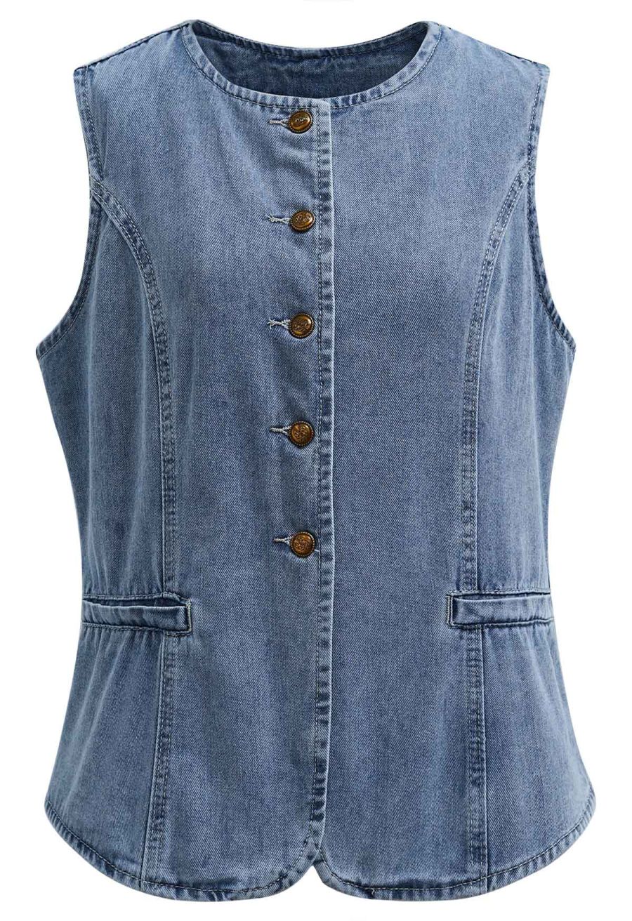 Fake Welt Pocket Button-Up Denim Vest in Blue