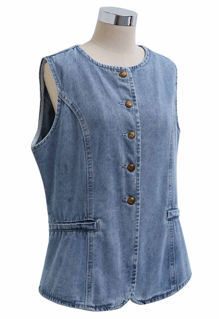 Fake Welt Pocket Button-Up Denim Vest in Blue