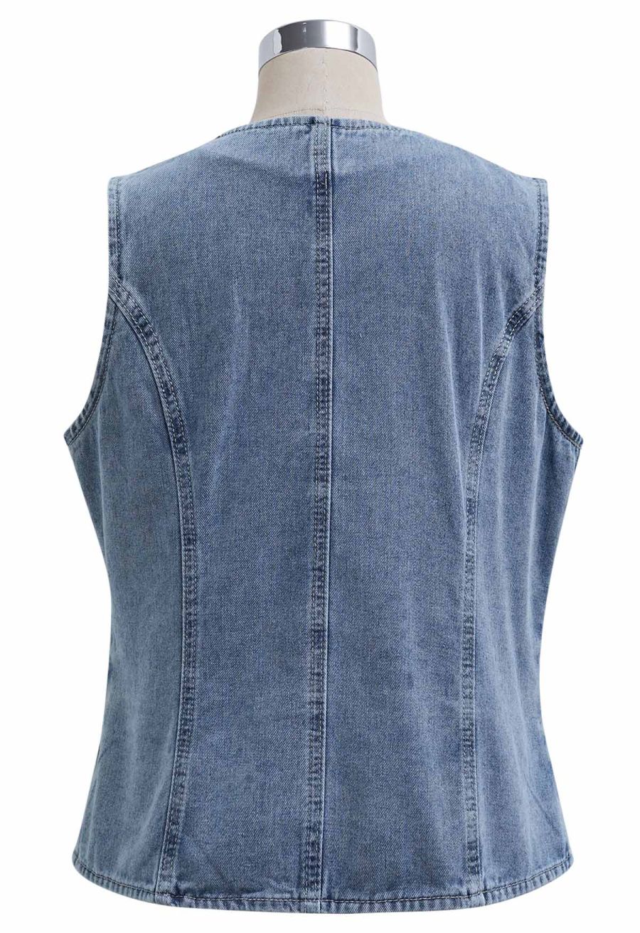 Fake Welt Pocket Button-Up Denim Vest in Blue