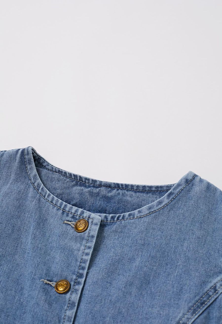 Fake Welt Pocket Button-Up Denim Vest in Blue