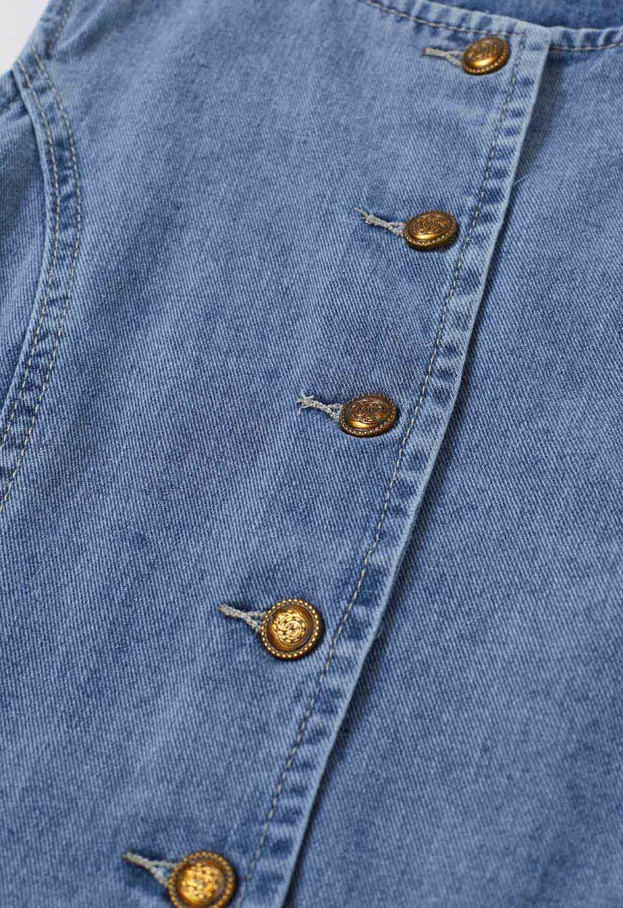 Fake Welt Pocket Button-Up Denim Vest in Blue