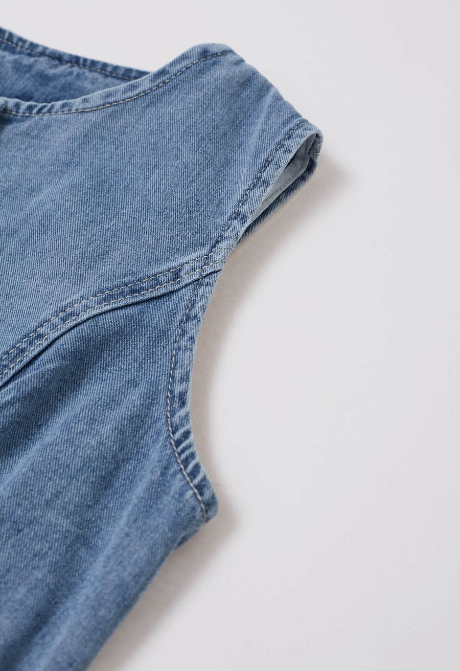 Fake Welt Pocket Button-Up Denim Vest in Blue
