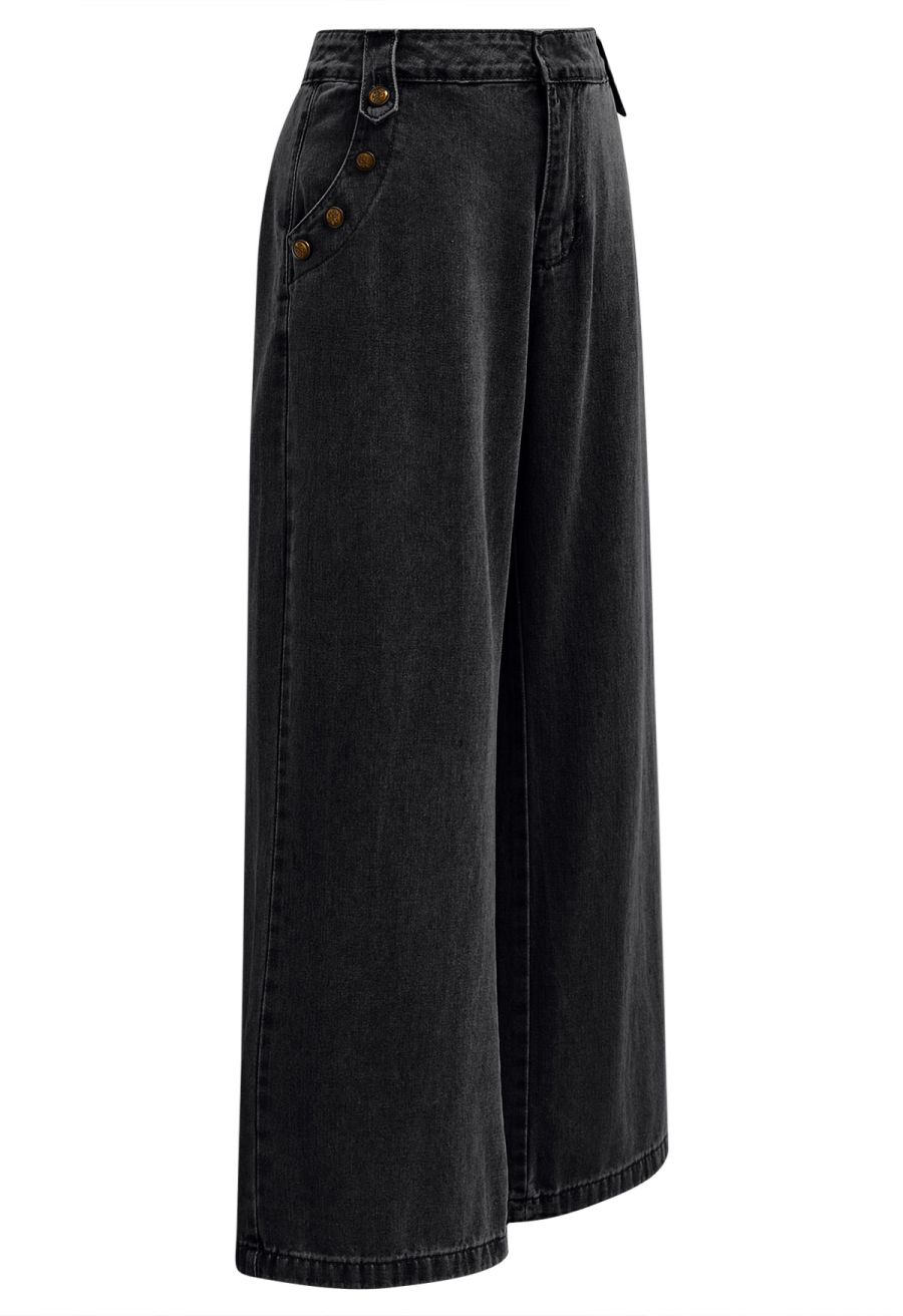 Classic Golden Button Embellished Jeans in Black