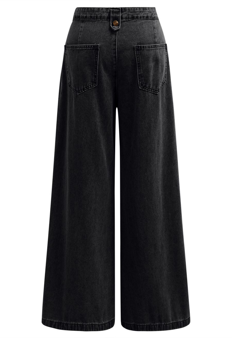 Classic Golden Button Embellished Jeans in Black