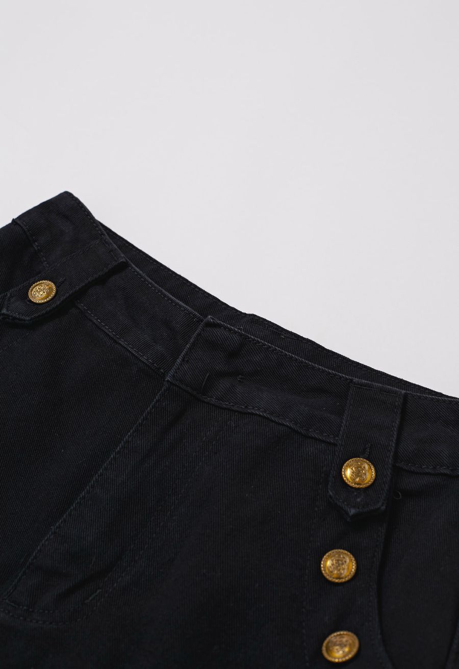 Classic Golden Button Embellished Jeans in Black