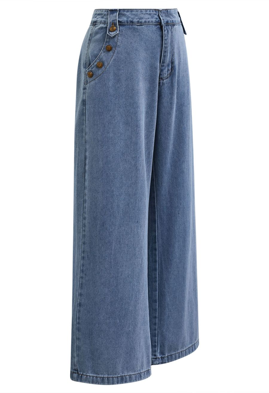 Classic Golden Button Embellished Jeans in Blue