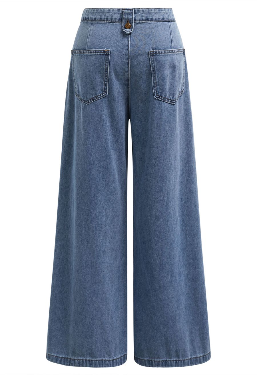 Classic Golden Button Embellished Jeans in Blue