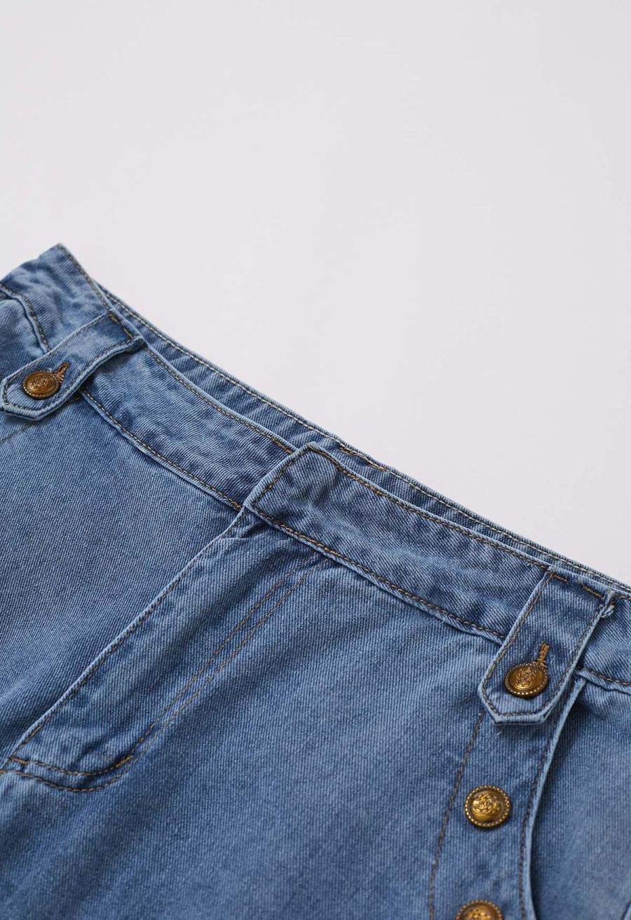 Classic Golden Button Embellished Jeans in Blue