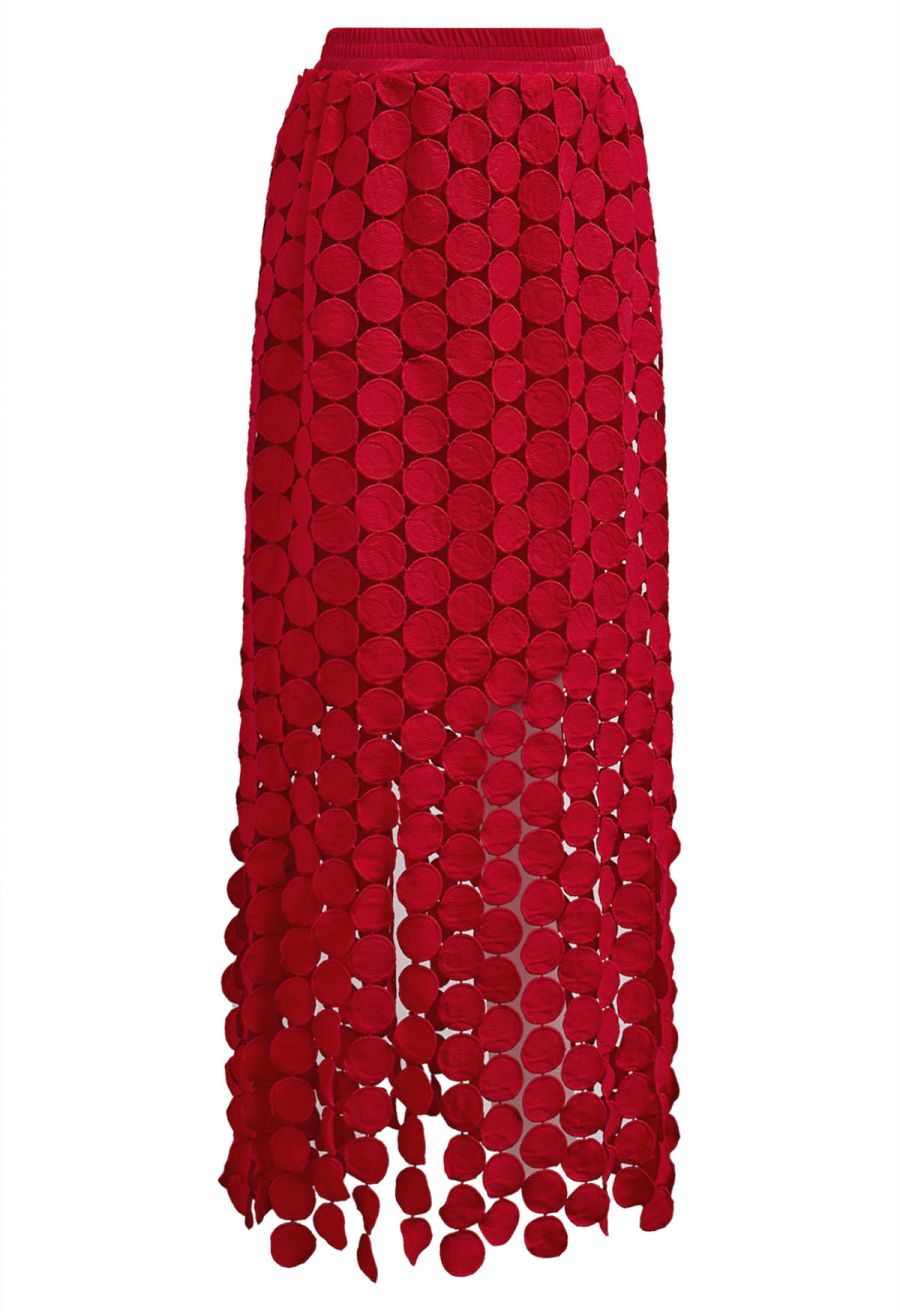 Chic Crochet Circle Fringe Maxi Skirt in Red
