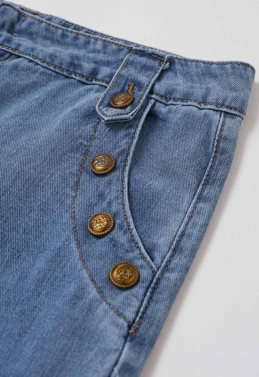 Classic Golden Button Embellished Jeans in Blue