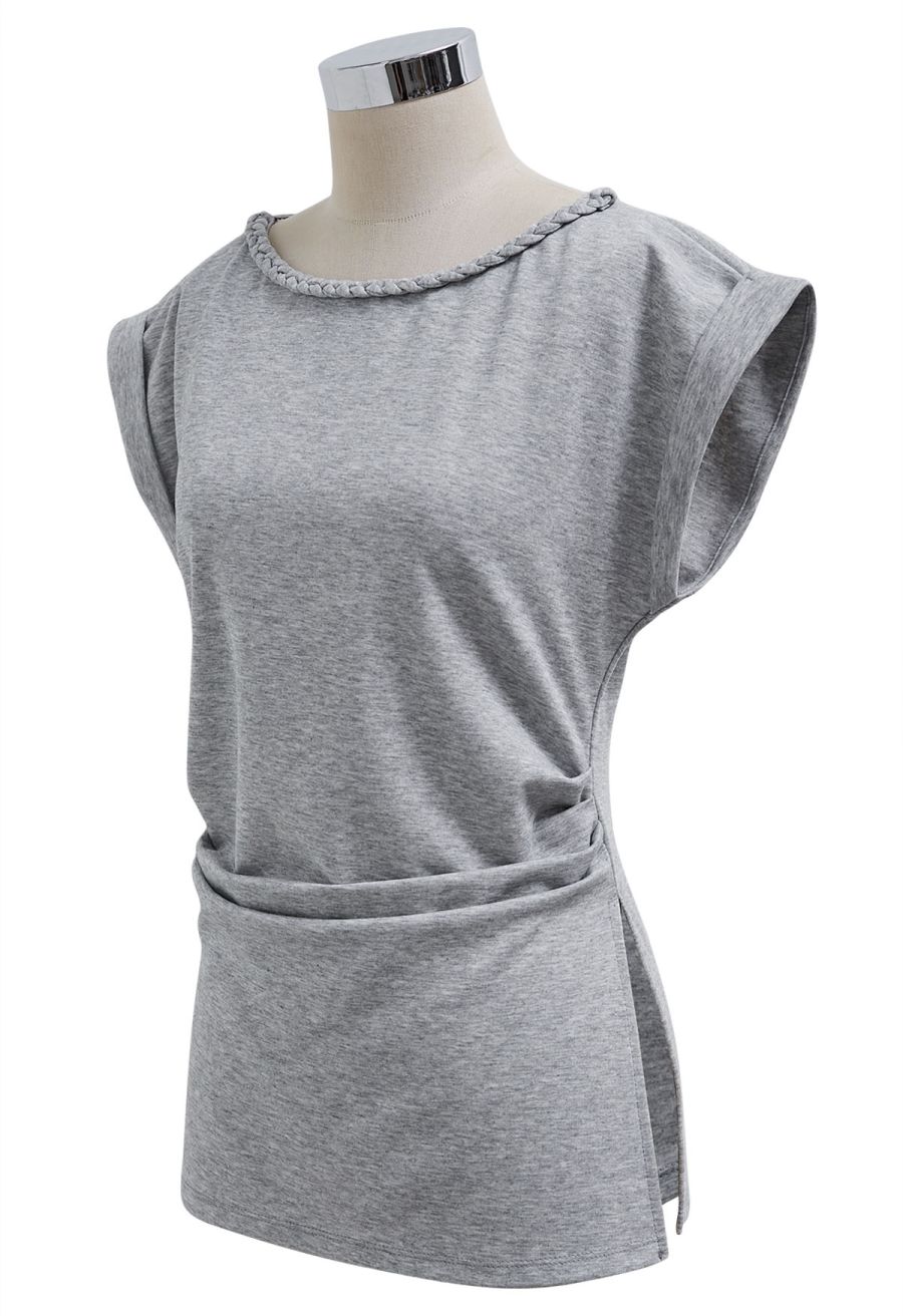 Braided Neckline Pleated Fitted Waist Top in Grey