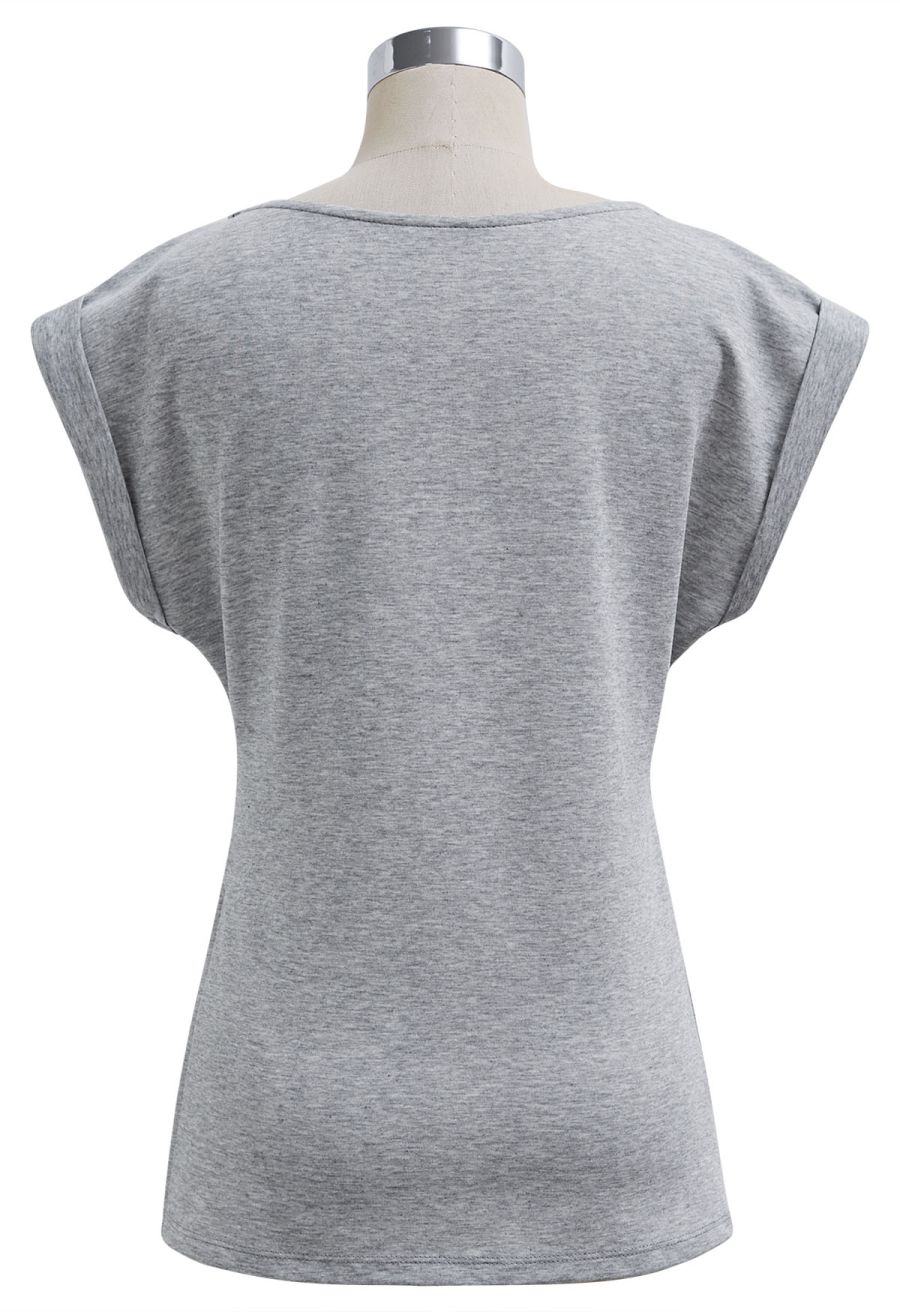 Braided Neckline Pleated Fitted Waist Top in Grey
