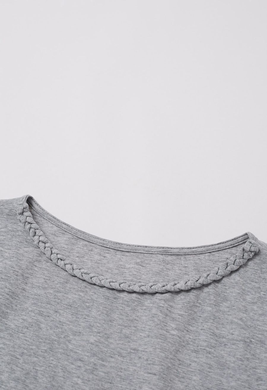 Braided Neckline Pleated Fitted Waist Top in Grey