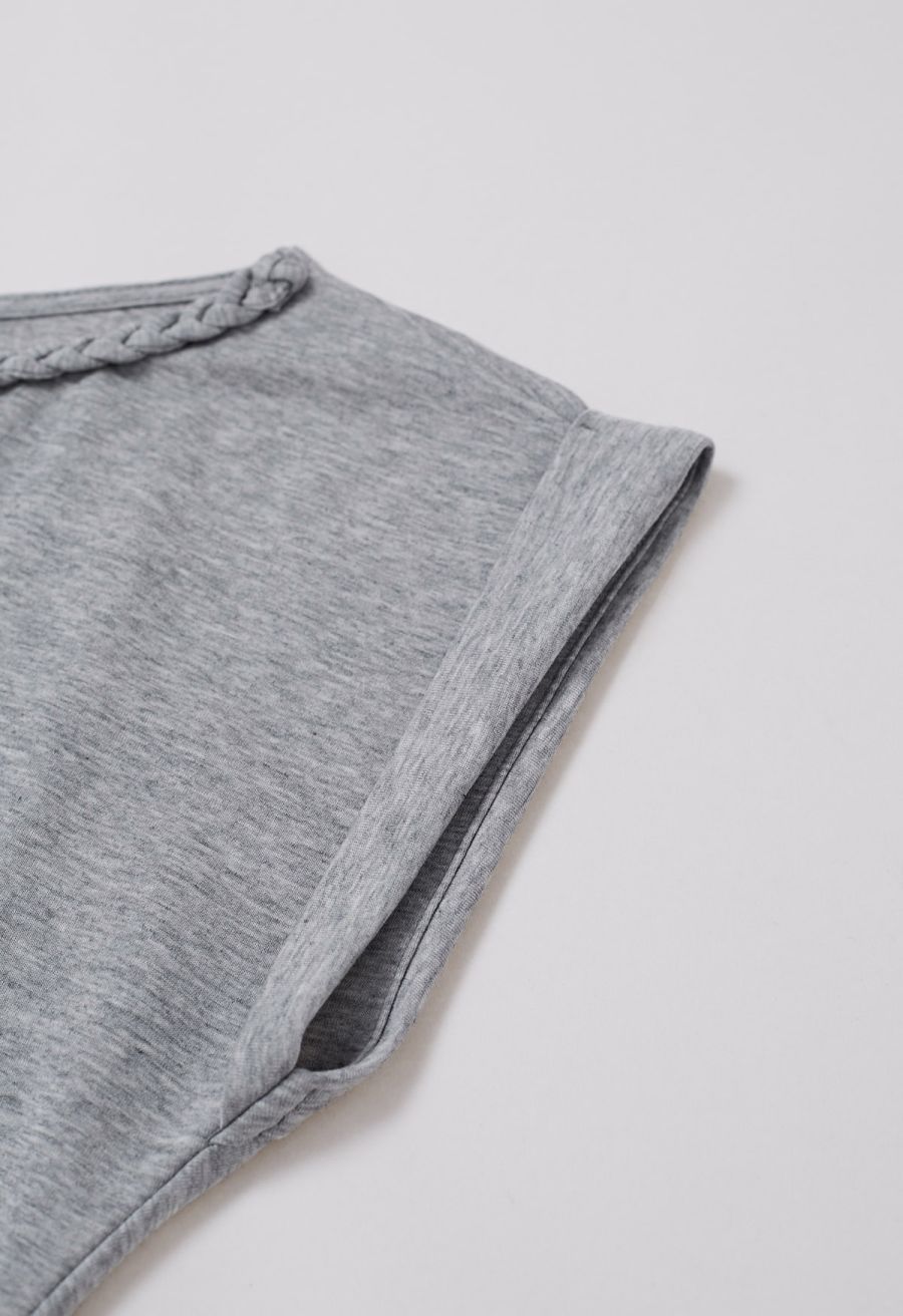 Braided Neckline Pleated Fitted Waist Top in Grey