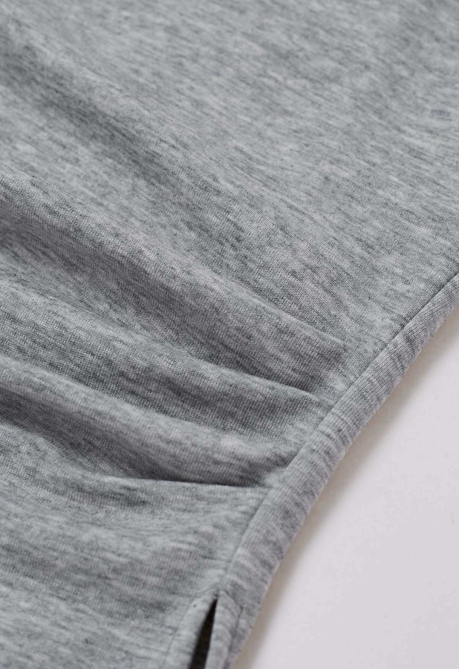 Braided Neckline Pleated Fitted Waist Top in Grey