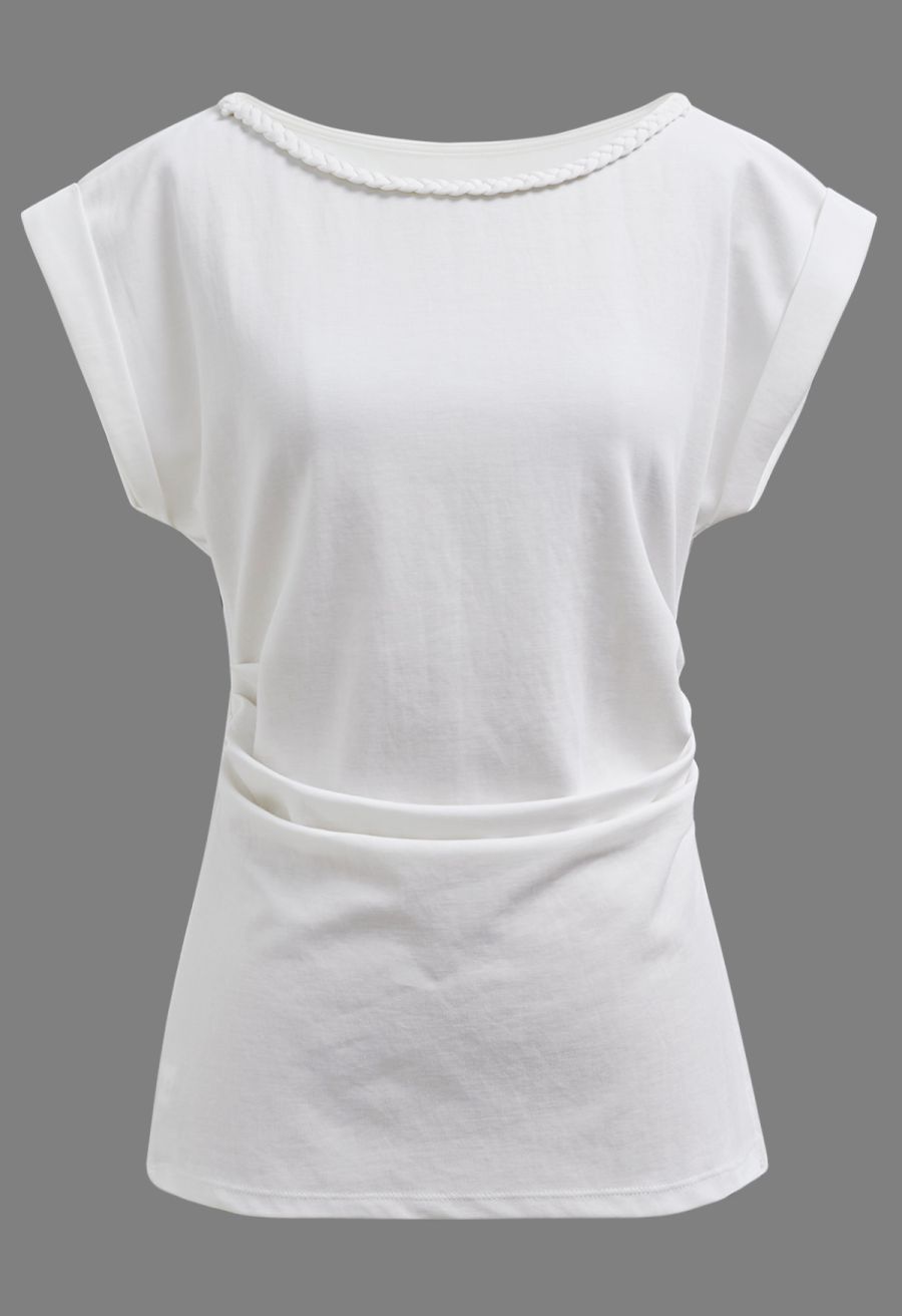 Braided Neckline Pleated Fitted Waist Top in White