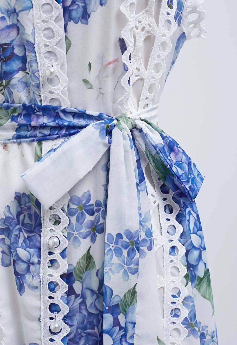 Blue Hydrangea Printed Cutwork Lace Trim Sleeveless Midi Dress