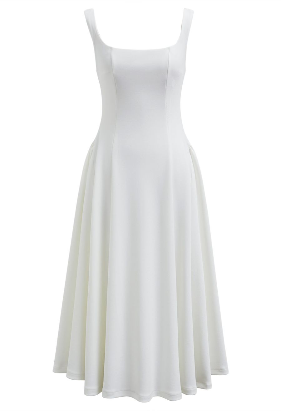 Square Neck Fit and Flare Midi Dress in White