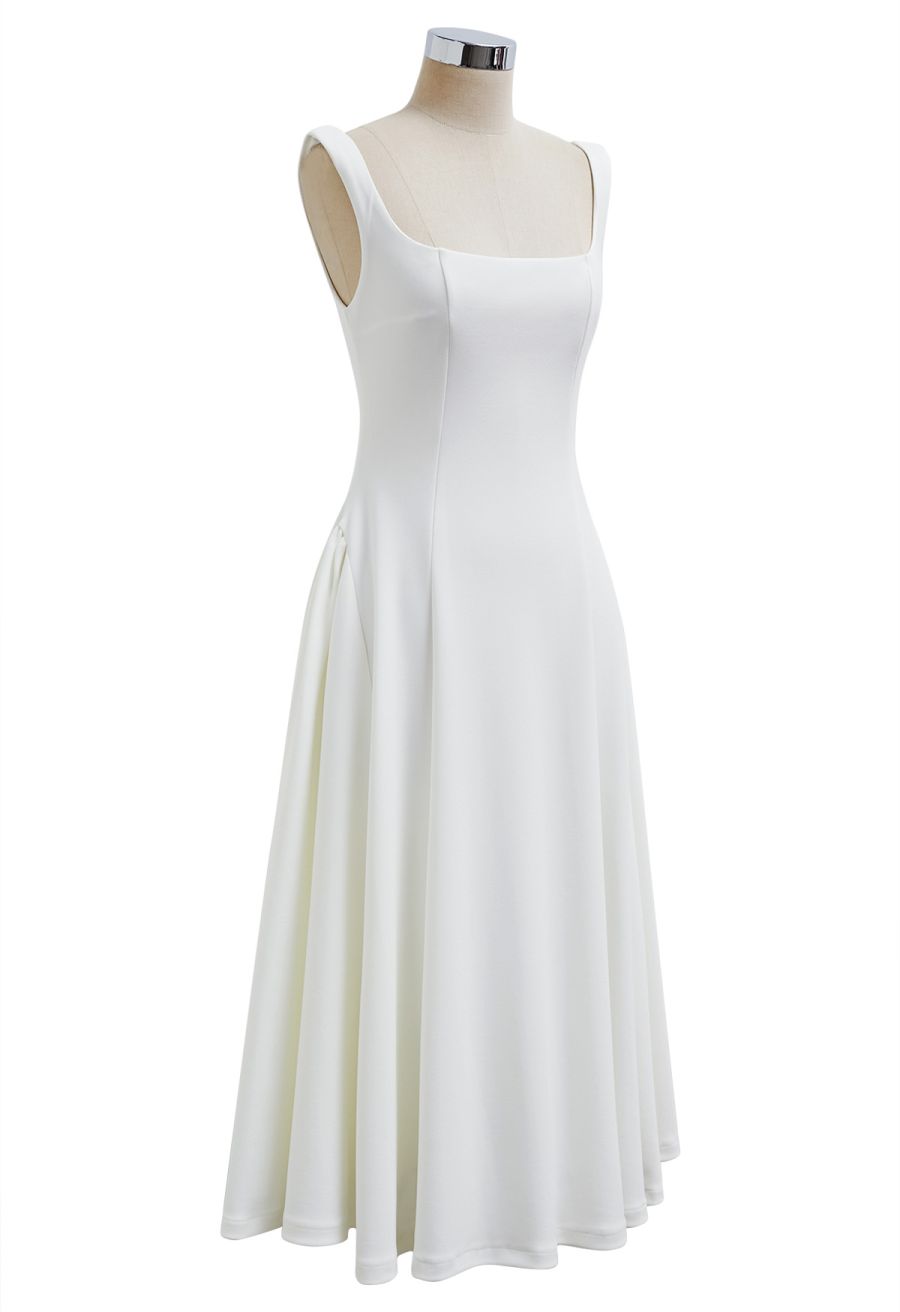 Square Neck Fit and Flare Midi Dress in White
