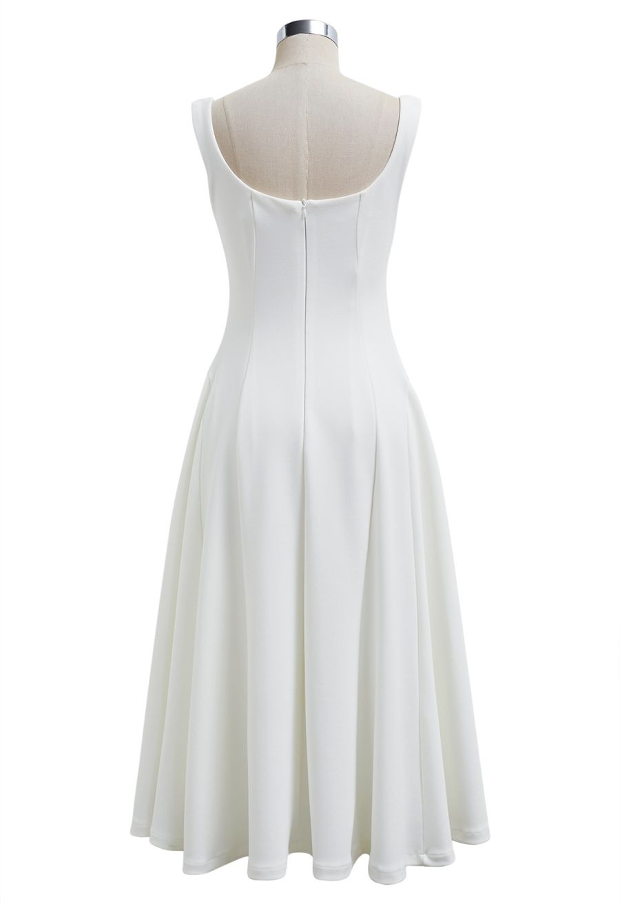 Square Neck Fit and Flare Midi Dress in White
