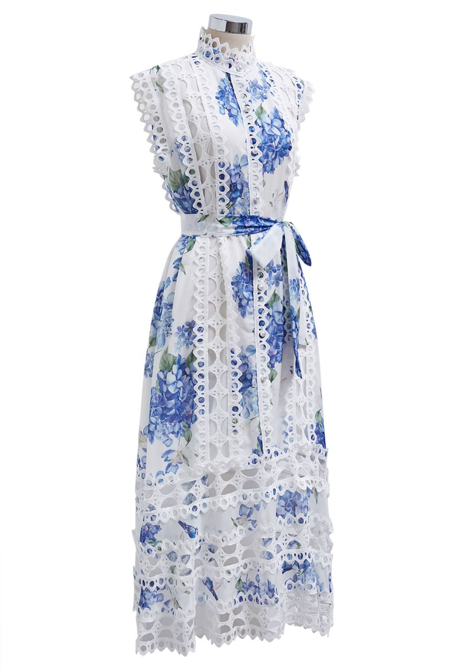 Blue Hydrangea Printed Cutwork Lace Trim Sleeveless Midi Dress