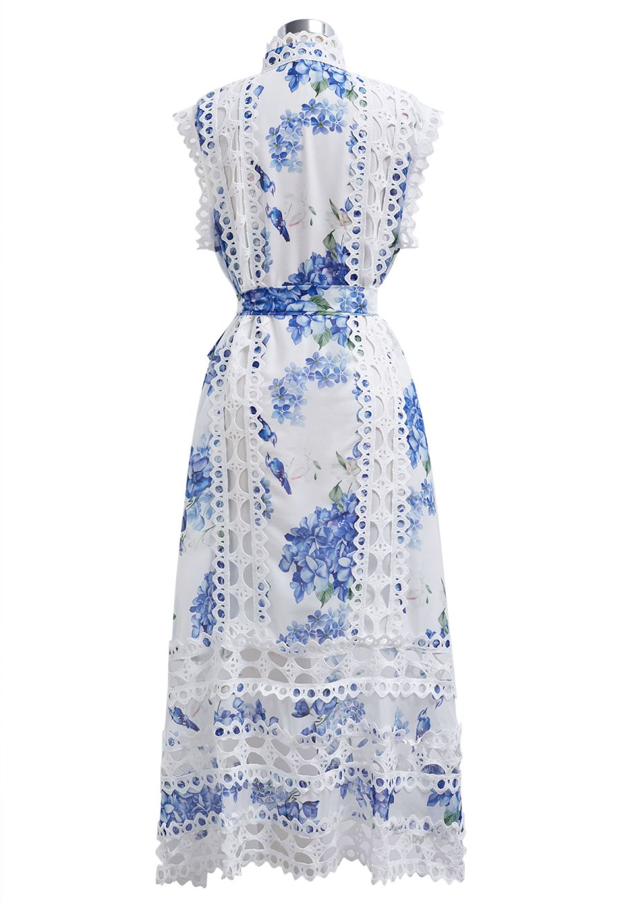 Blue Hydrangea Printed Cutwork Lace Trim Sleeveless Midi Dress