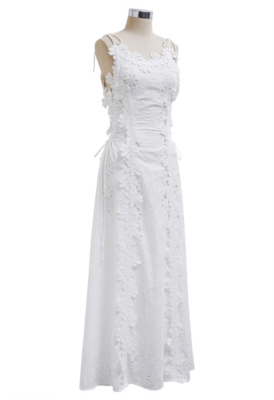 3D Floral Embroidered Lace-Up Cami Maxi Dress