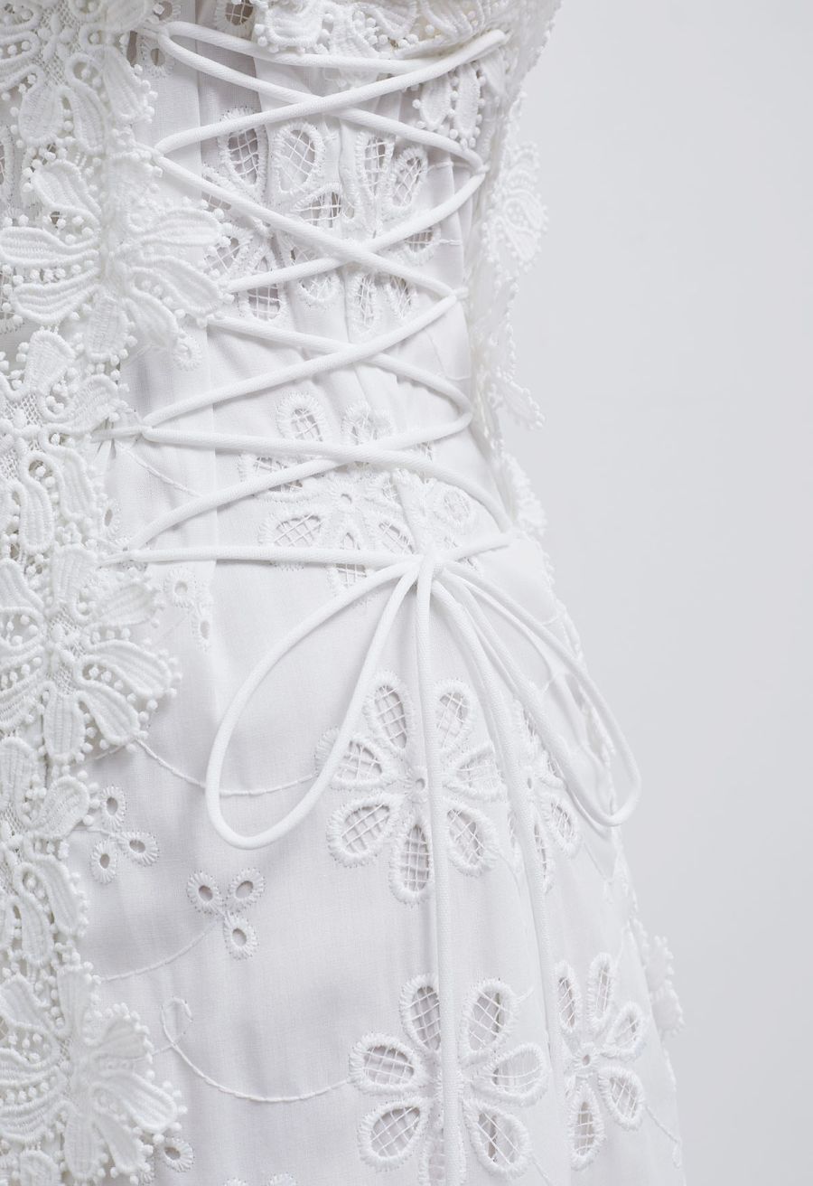 3D Floral Embroidered Lace-Up Cami Maxi Dress