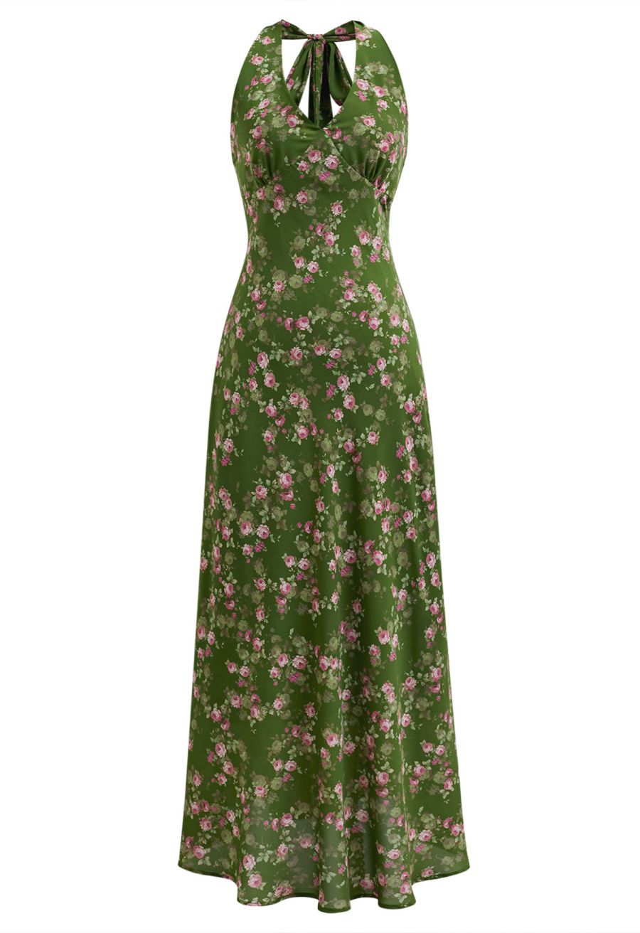 Rose Printed Open Back Halter Neck Dress in Dark Green