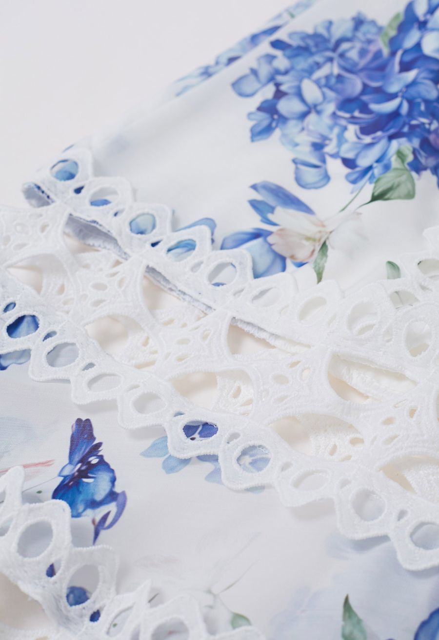 Blue Hydrangea Printed Cutwork Lace Trim Sleeveless Midi Dress