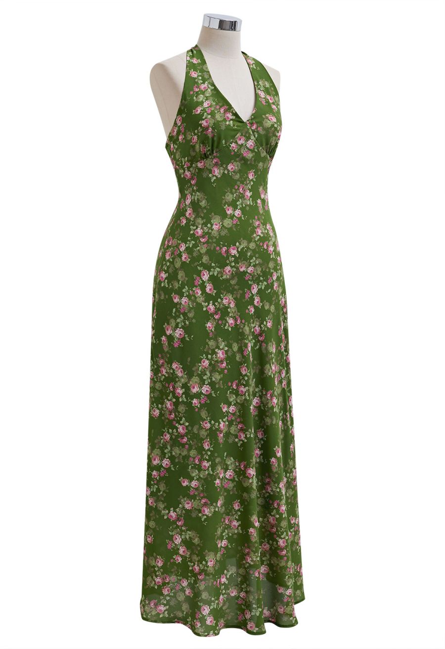 Rose Printed Open Back Halter Neck Dress in Dark Green