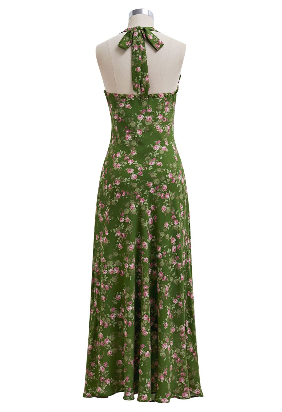 Rose Printed Open Back Halter Neck Dress in Dark Green