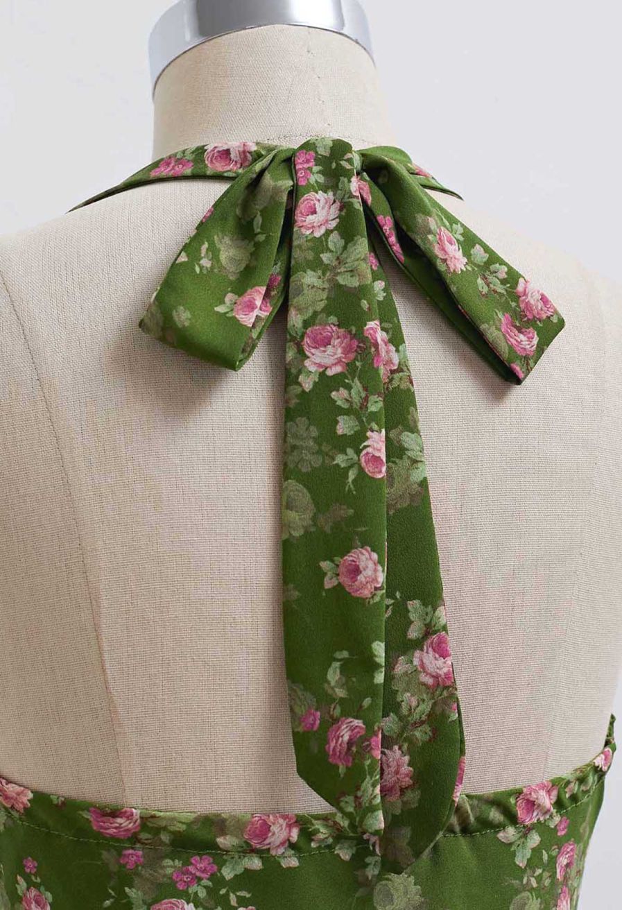 Rose Printed Open Back Halter Neck Dress in Dark Green