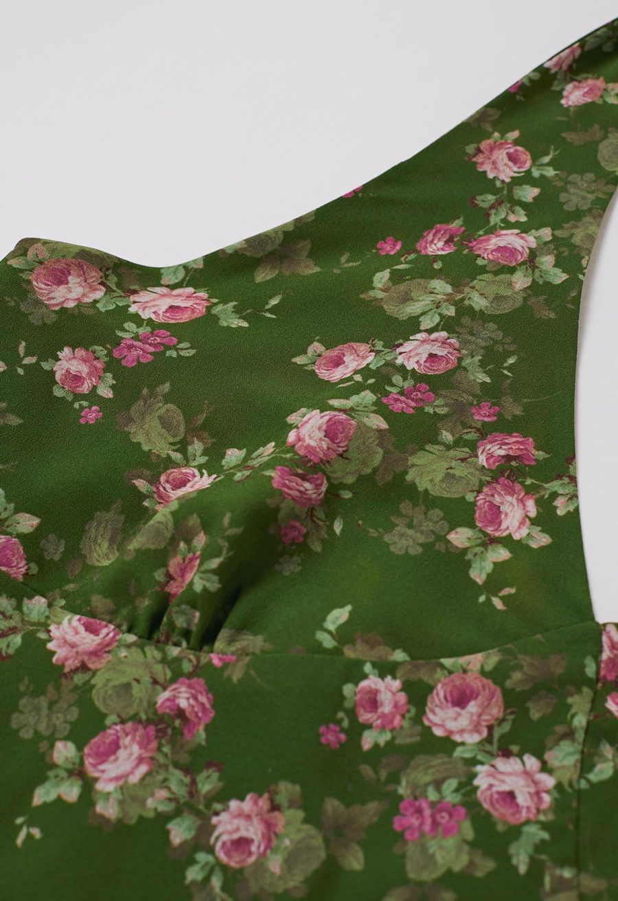 Rose Printed Open Back Halter Neck Dress in Dark Green