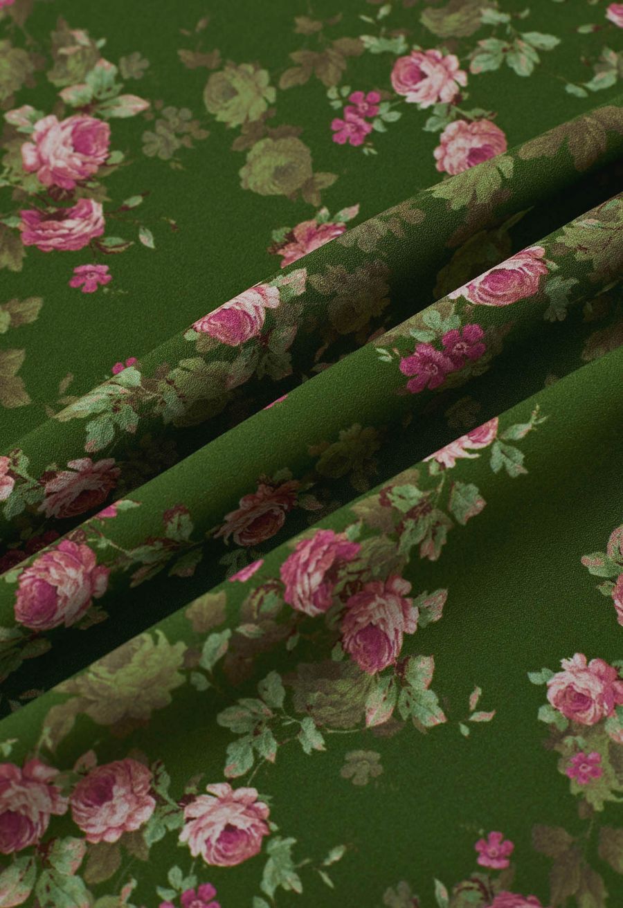 Rose Printed Open Back Halter Neck Dress in Dark Green