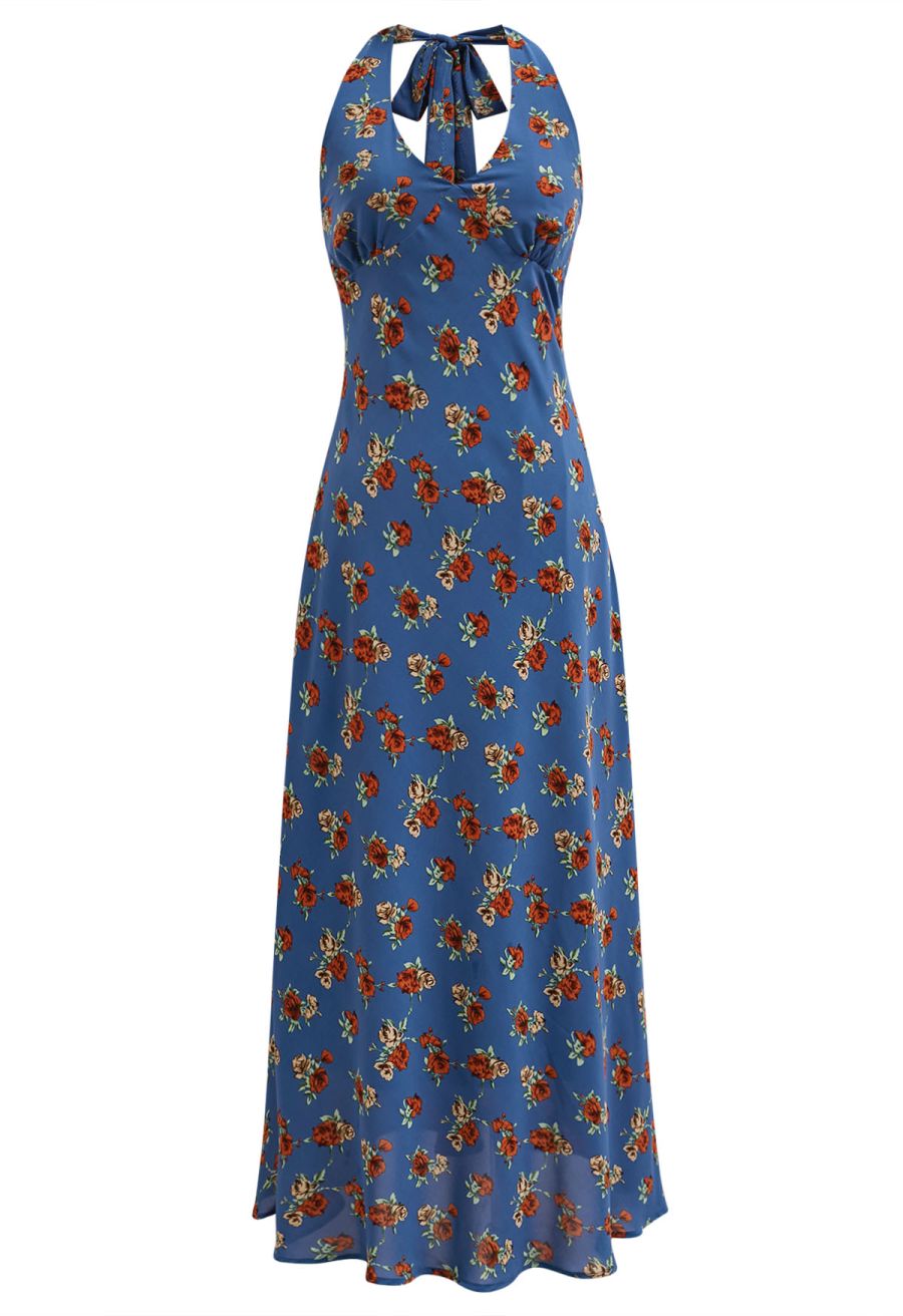 Rose Printed Open Back Halter Neck Dress in Navy