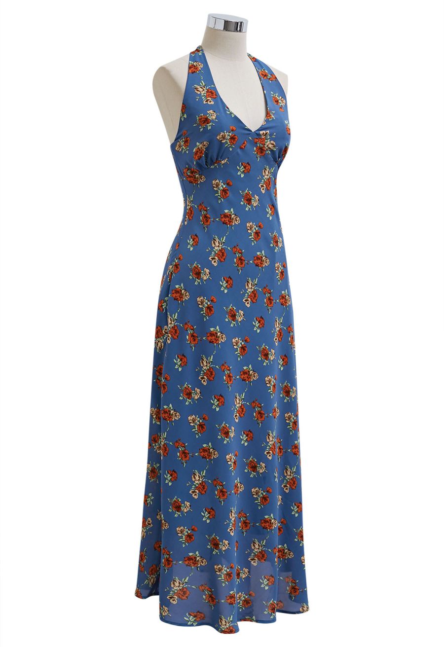 Rose Printed Open Back Halter Neck Dress in Navy