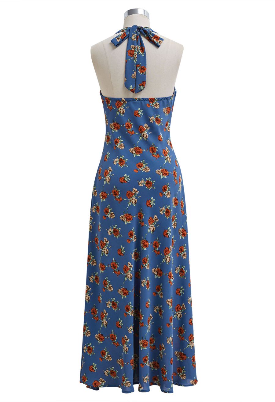 Rose Printed Open Back Halter Neck Dress in Navy