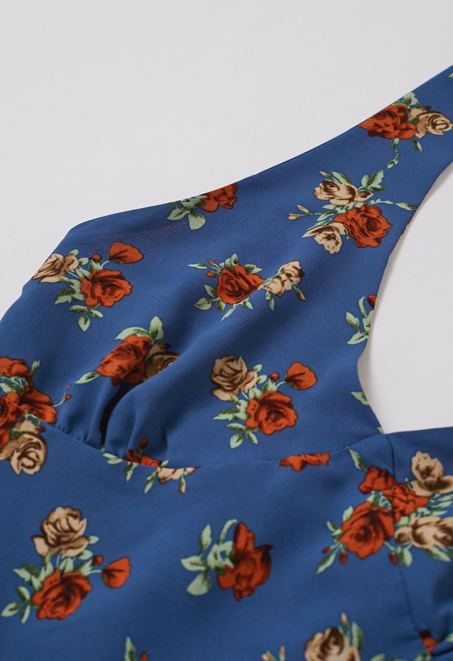 Rose Printed Open Back Halter Neck Dress in Navy